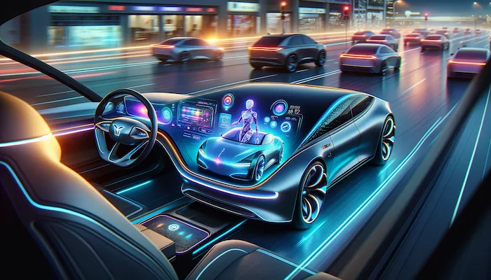 DALL·E 2024-01-28 14.47.20 – The scene is set on a futuristic highway, with sleek and advanced cars cruising along. One of the cars stands out, featuring a glowing dashboard full copy