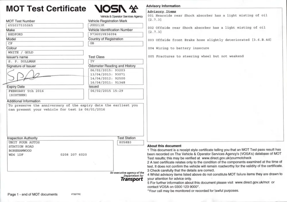 MOT Certificate - JGU 213K - Exp 05-02-16